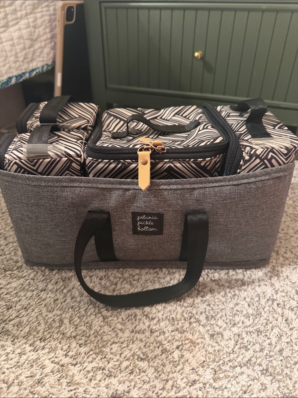 Petunia Pickle Bottom Gray Organizer Tote with Patterned Pouches